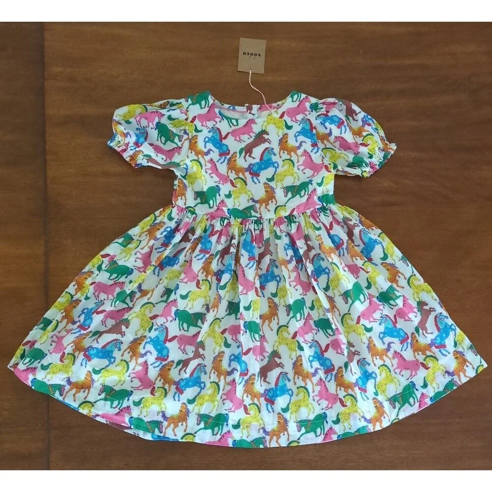 Mini Boden Girls Madeline Woven Dress in Multi Rainbow Horse size 6/7 NEW WT
